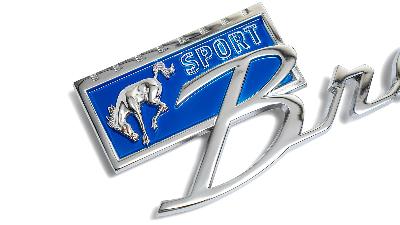 Closeup of blue Bronco Sport fender emblem for classic Ford Broncos.