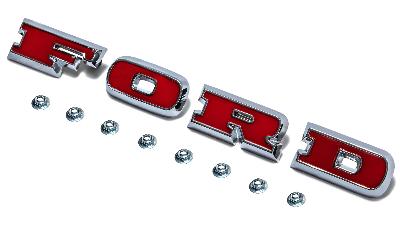 Red "FORD" grill letters with chrome surround for 66-77 Ford Bronco with mounting nuts.