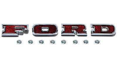 Deep Red "FORD" grill letters with chrome surround for 66-77 Ford Bronco with mounting nuts.
