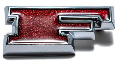 Closup of deep red "FORD" grill letters with chrome surround for 66-77 Ford Bronco