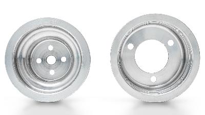 Early Ford Bronco billet aluminum engine pulleys for water pump and crankshaft.