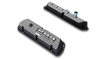 Black aluminum valve covers with Ford 289 engine script.