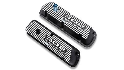 SBF black aluminum valve covers with Ford 302 engine script.