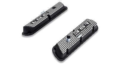 Black aluminum valve covers with Ford 351 Windsor engine script.