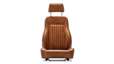 Classic Ford Bronco walnut brown leather style seat with adjustable headrest.