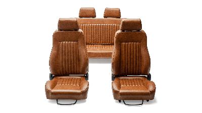 Leather style custom early Bronco seats in walnut brown